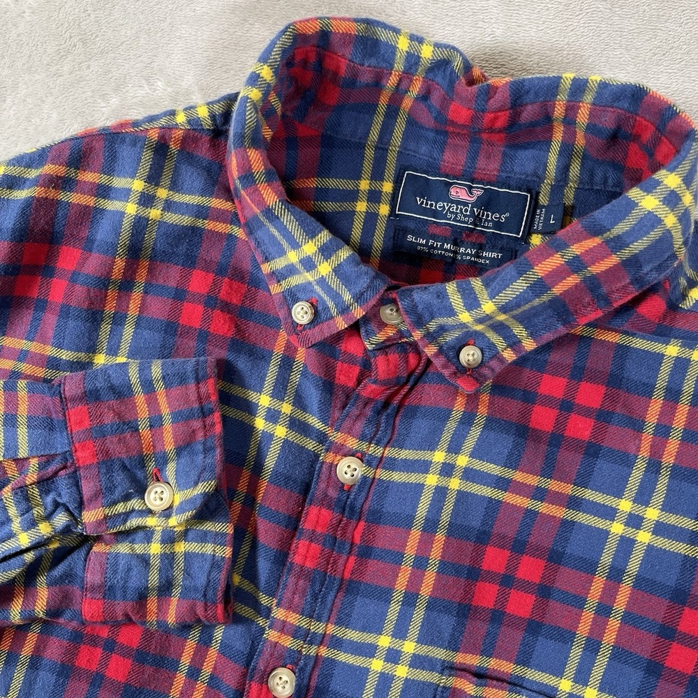Vineyard Vines‎ Shirt Mens L Flannel Plaid Red Murray Slim Fit Long Sleeve